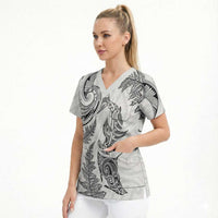 New Zealand Sea Animals with Maori Tribal Tattoo Scrub Top Shark Manta Ray with Silver Fern White LT03 - Polynesian Pride