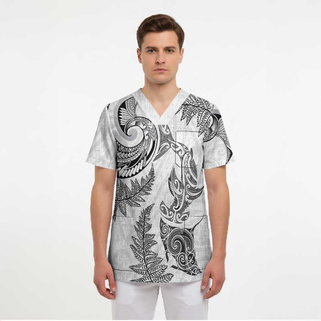 New Zealand Sea Animals with Maori Tribal Tattoo Scrub Top Shark Manta Ray with Silver Fern White LT03 - Polynesian Pride