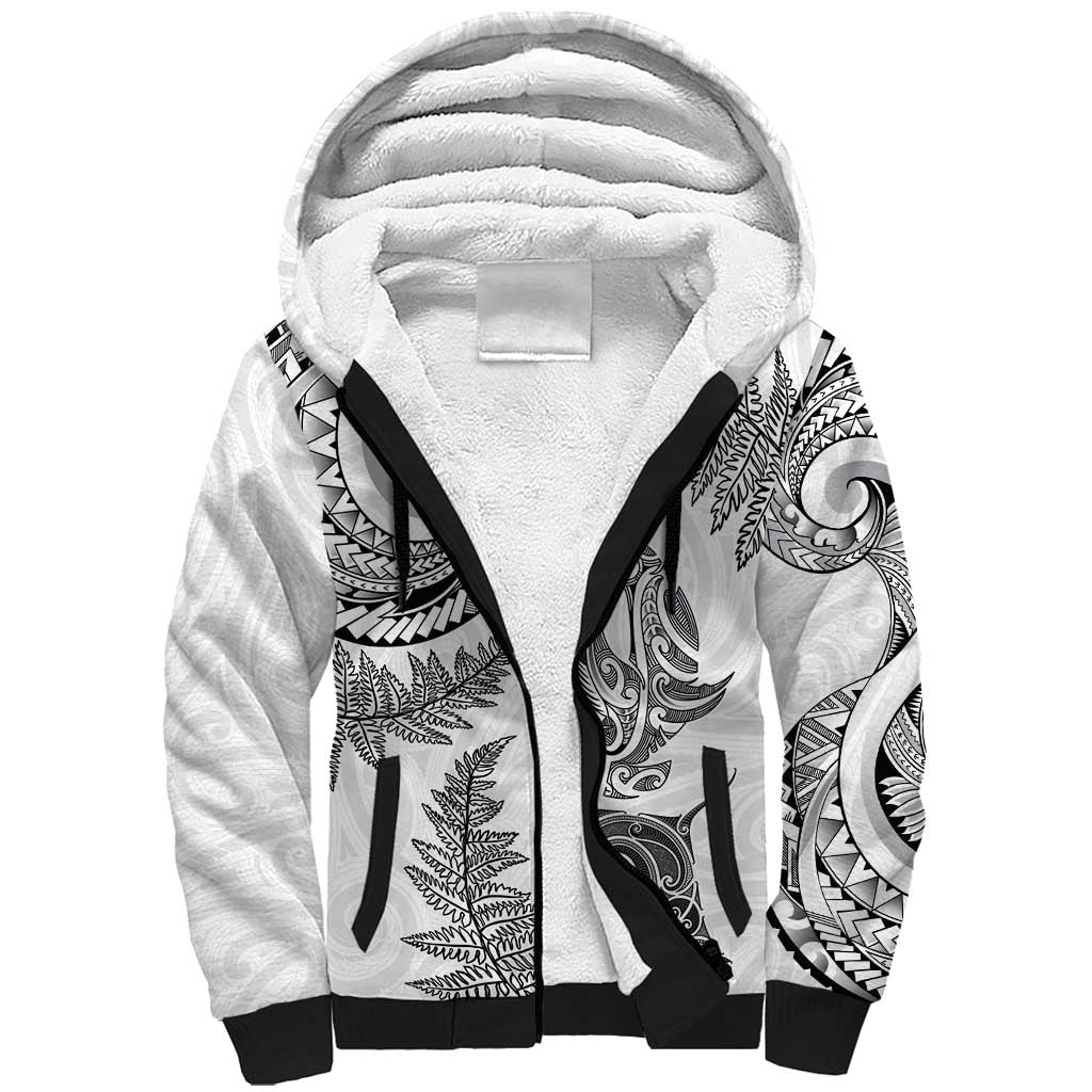 New Zealand Sea Animals with Maori Tribal Tattoo Sherpa Hoodie Shark Manta Ray with Silver Fern White LT03 Unisex White - Polynesian Pride