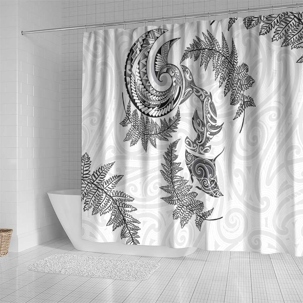 New Zealand Sea Animals with Maori Tribal Tattoo Shower Curtain Shark Manta Ray with Silver Fern White LT03 - Polynesian Pride