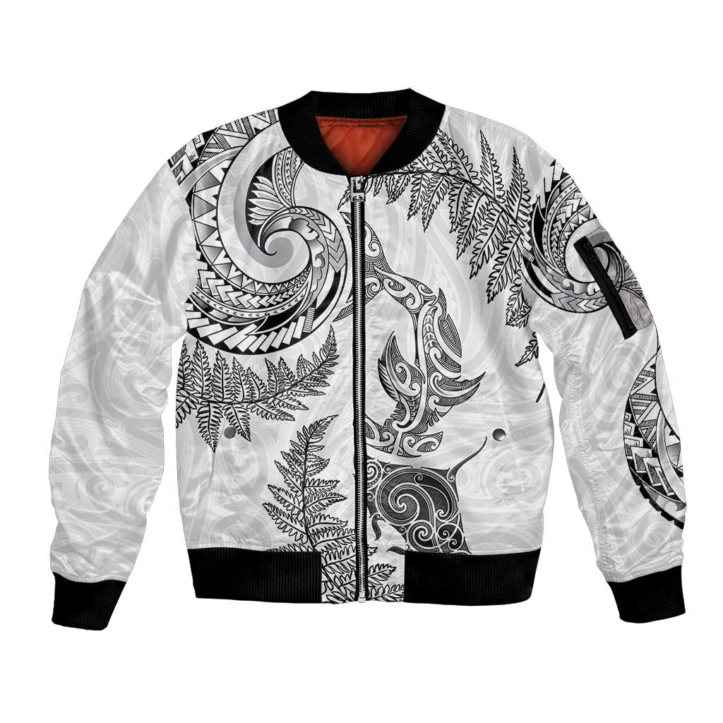 New Zealand Sea Animals with Maori Tribal Tattoo Sleeve Zip Bomber Jacket Shark Manta Ray with Silver Fern White LT03 Unisex White - Polynesian Pride