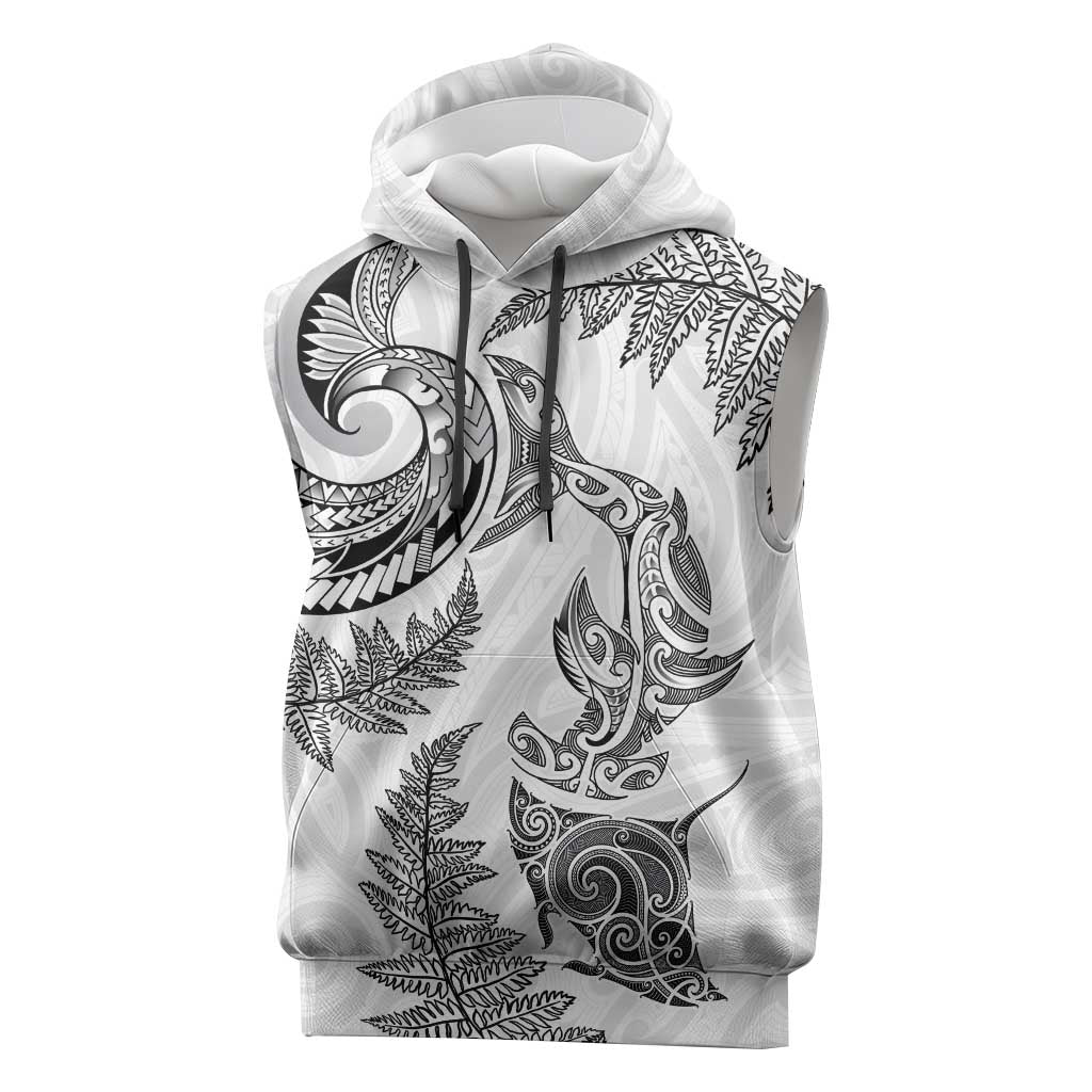 New Zealand Sea Animals with Maori Tribal Tattoo Sleeveless Hoodie Shark Manta Ray with Silver Fern White LT03 White - Polynesian Pride