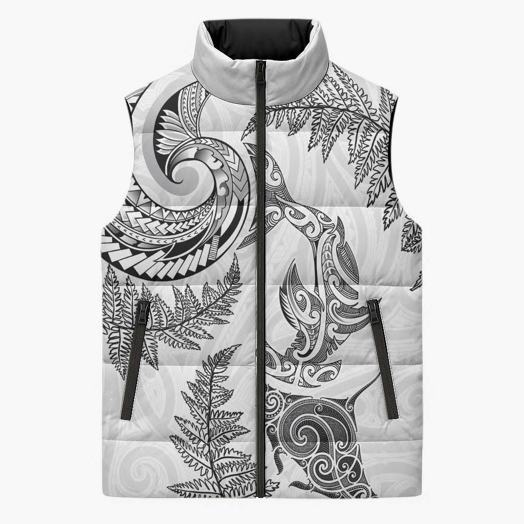 New Zealand Sea Animals with Maori Tribal Tattoo Sleeveless Puffer Jacket Shark Manta Ray with Silver Fern White LT03 Unisex White - Polynesian Pride