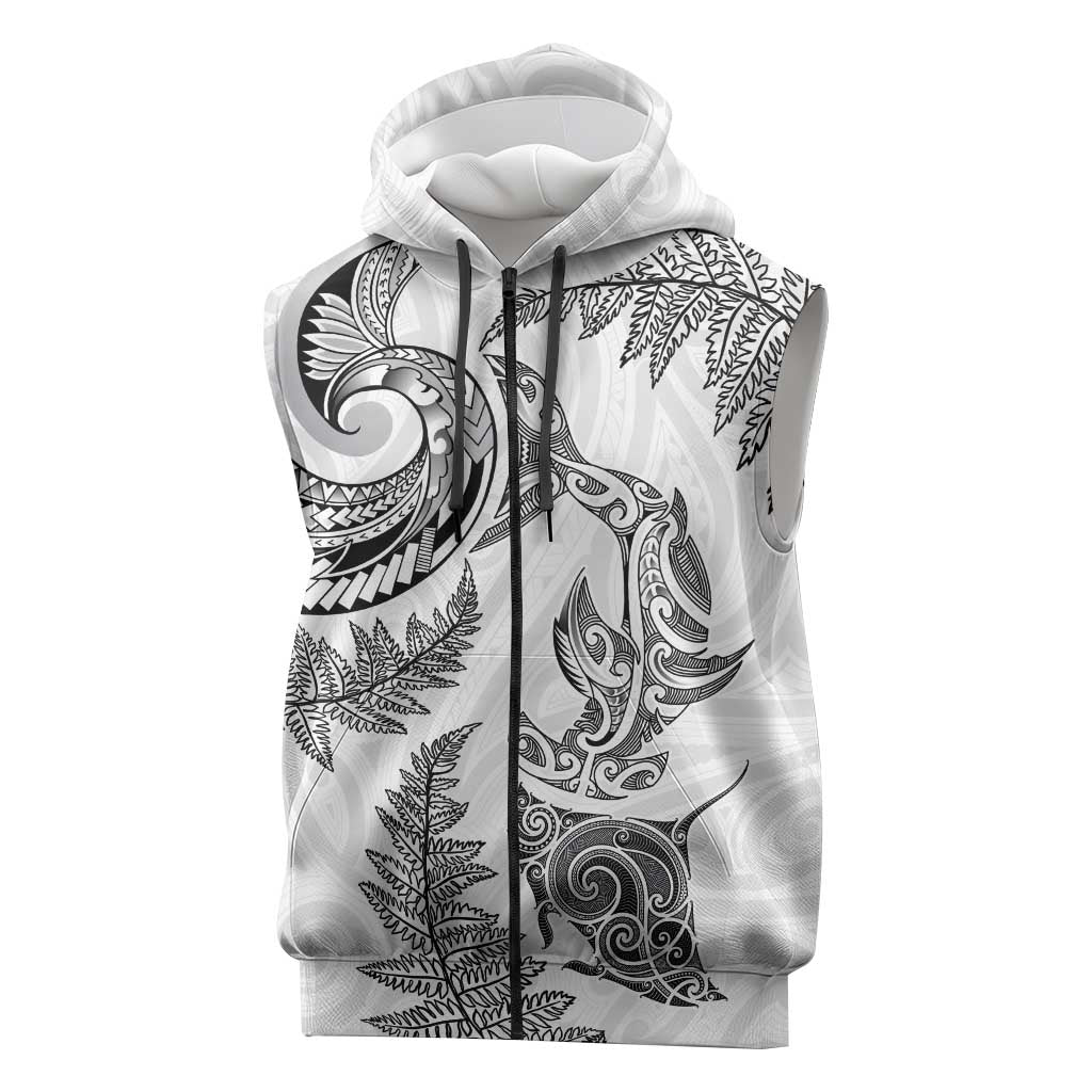 New Zealand Sea Animals with Maori Tribal Tattoo Sleeveless Zip Hoodie Shark Manta Ray with Silver Fern White LT03 White - Polynesian Pride
