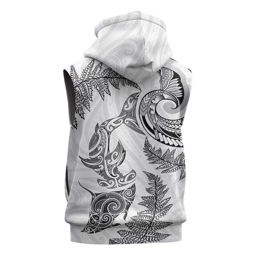 New Zealand Sea Animals with Maori Tribal Tattoo Sleeveless Zip Hoodie Shark Manta Ray with Silver Fern White LT03 - Polynesian Pride