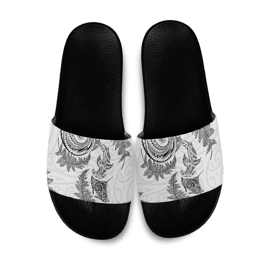 New Zealand Sea Animals with Maori Tribal Tattoo Slide Sandals Shark Manta Ray with Silver Fern White LT03 White - Polynesian Pride