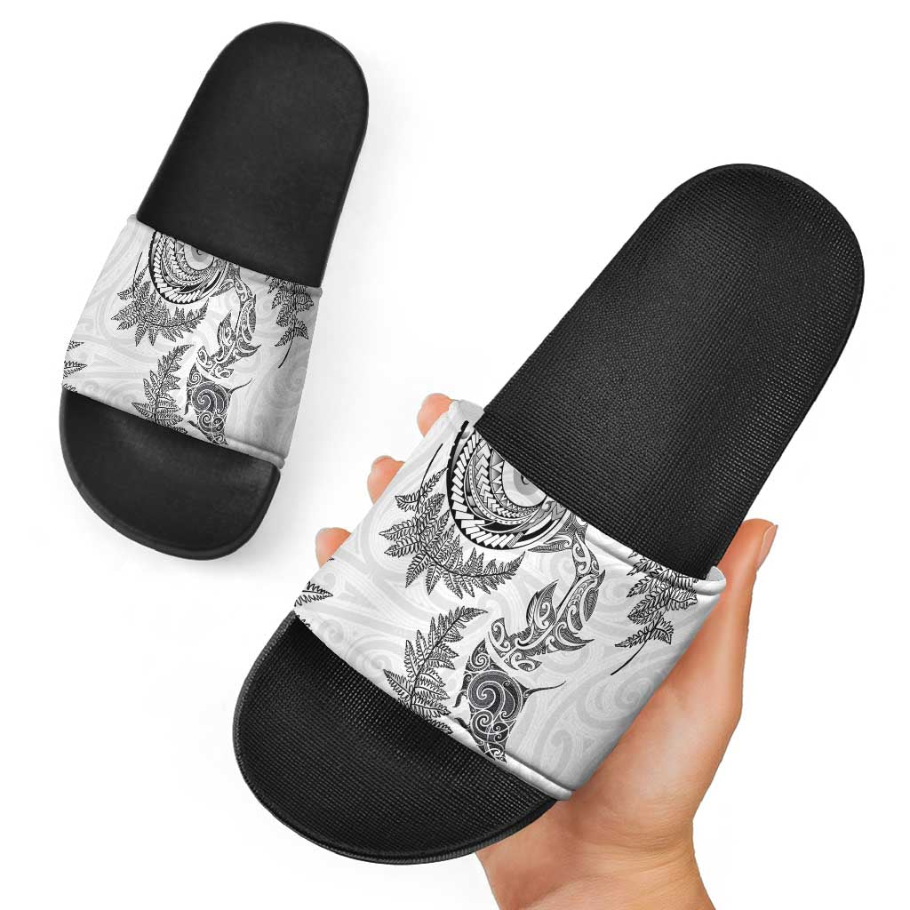 New Zealand Sea Animals with Maori Tribal Tattoo Slide Sandals Shark Manta Ray with Silver Fern White LT03 - Polynesian Pride