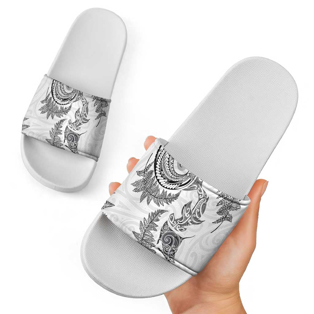 New Zealand Sea Animals with Maori Tribal Tattoo Slide Sandals Shark Manta Ray with Silver Fern White LT03 - Polynesian Pride