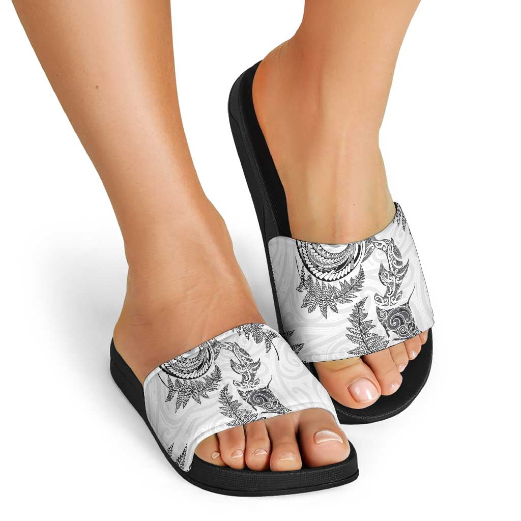New Zealand Sea Animals with Maori Tribal Tattoo Slide Sandals Shark Manta Ray with Silver Fern White LT03 - Polynesian Pride