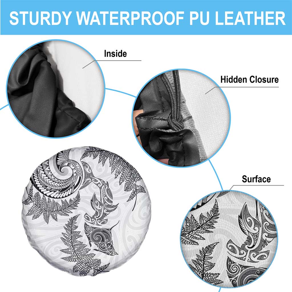 New Zealand Sea Animals with Maori Tribal Tattoo Spare Tire Cover Shark Manta Ray with Silver Fern White LT03 - Polynesian Pride