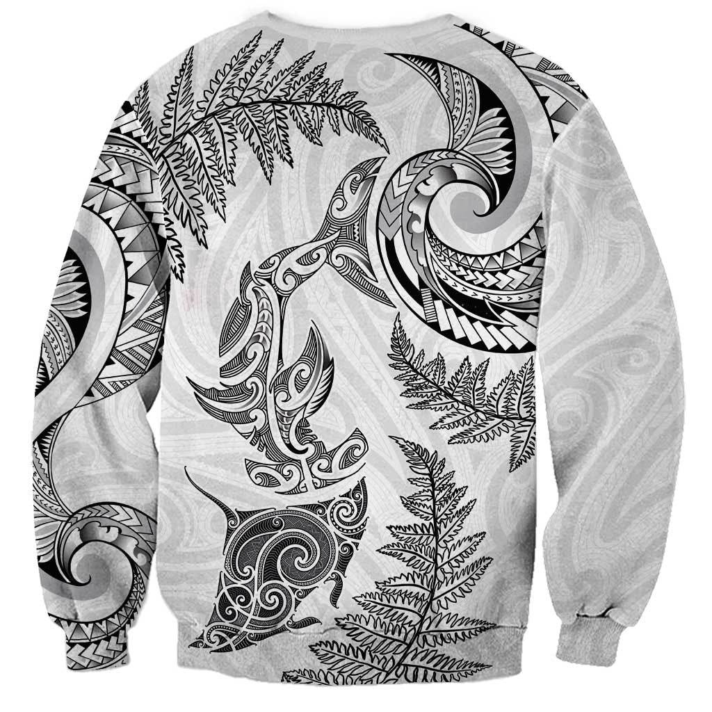 New Zealand Sea Animals with Maori Tribal Tattoo Sweatshirt Shark Manta Ray with Silver Fern White LT03 - Polynesian Pride