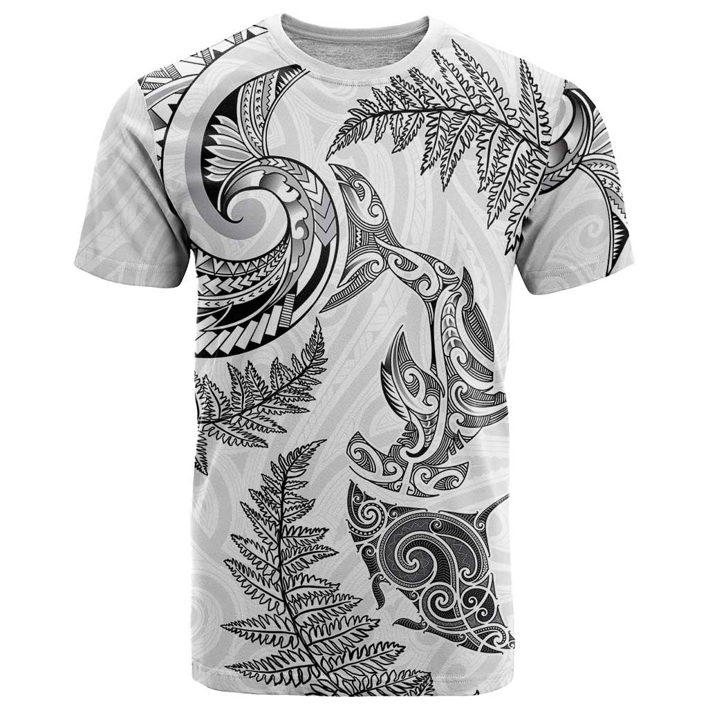 New Zealand Sea Animals with Maori Tribal Tattoo T Shirt Shark Manta Ray with Silver Fern White LT03 White - Polynesian Pride