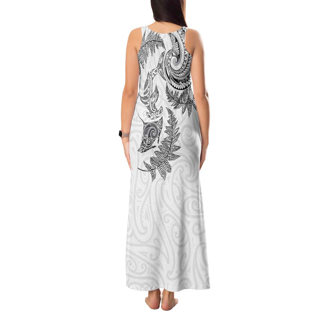 New Zealand Sea Animals with Maori Tribal Tattoo Tank Maxi Dress Shark Manta Ray with Silver Fern White LT03 - Polynesian Pride