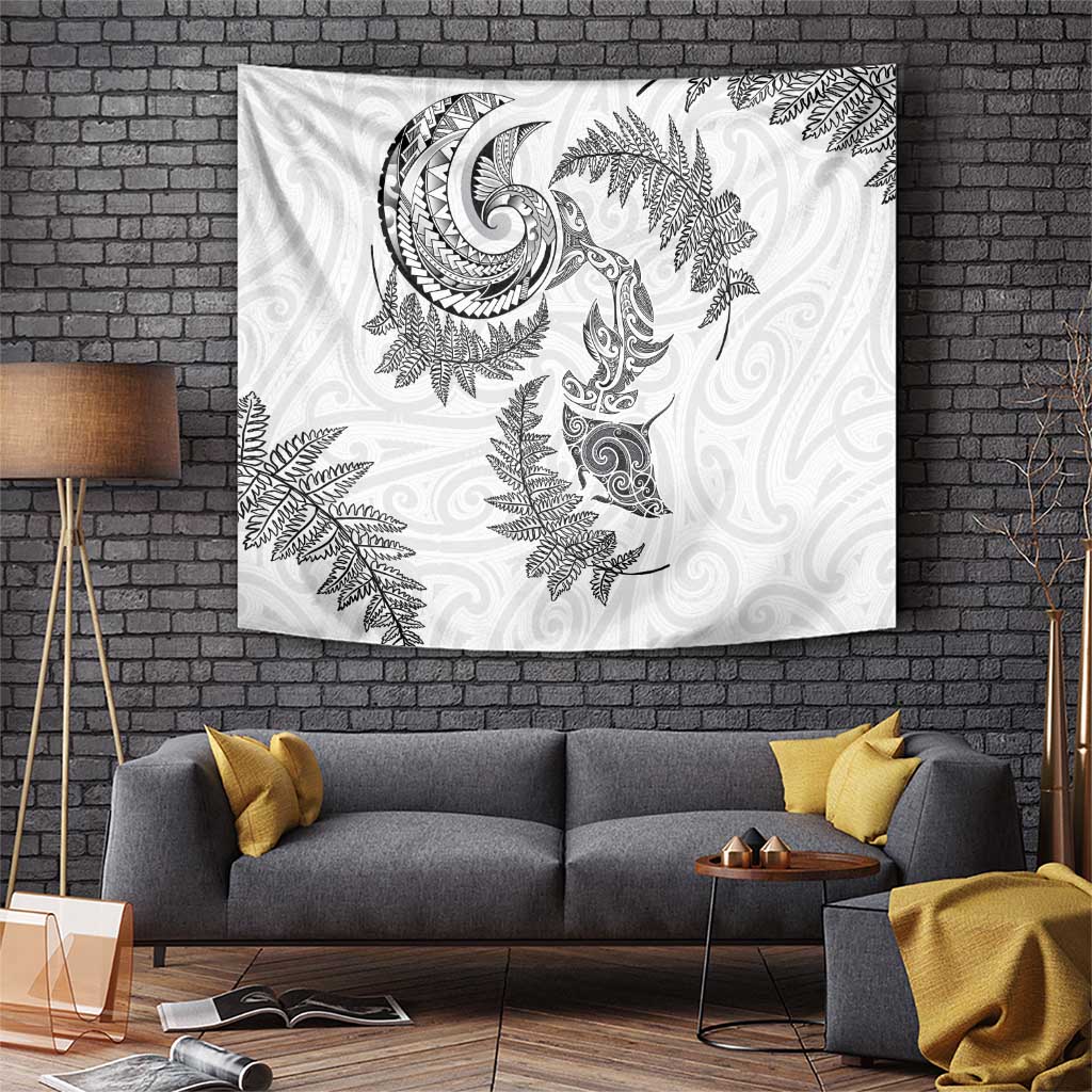 New Zealand Sea Animals with Maori Tribal Tattoo Tapestry Shark Manta Ray with Silver Fern White