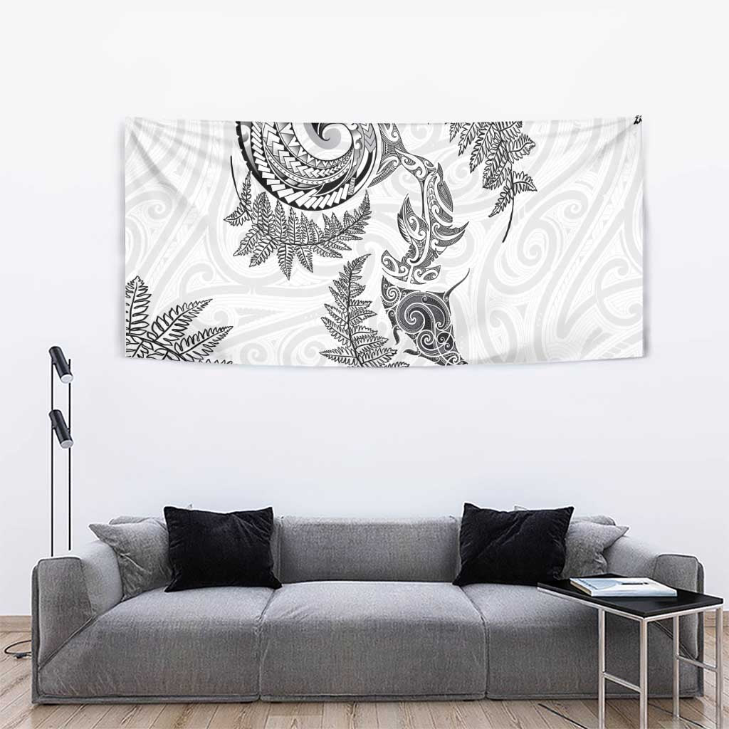 New Zealand Sea Animals with Maori Tribal Tattoo Tapestry Shark Manta Ray with Silver Fern White LT03 - Polynesian Pride
