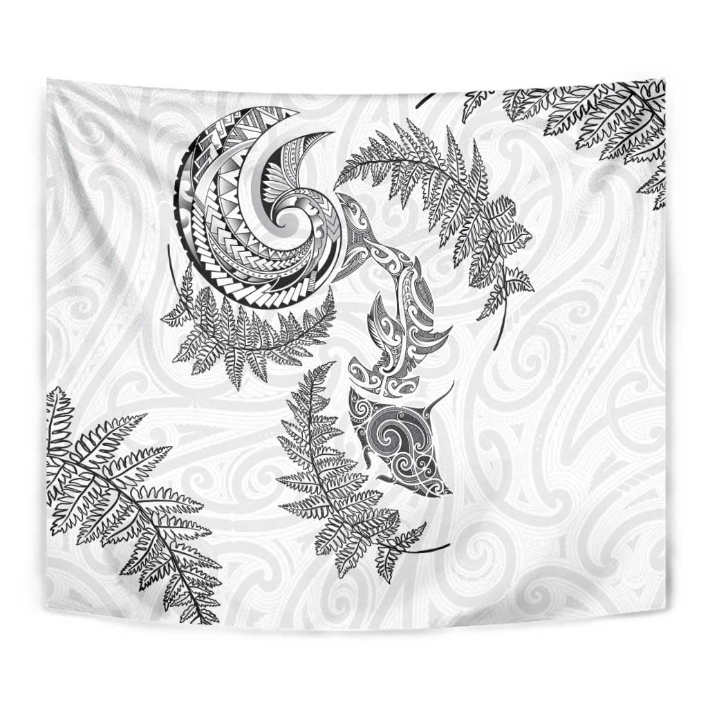 New Zealand Sea Animals with Maori Tribal Tattoo Tapestry Shark Manta Ray with Silver Fern White LT03 - Polynesian Pride