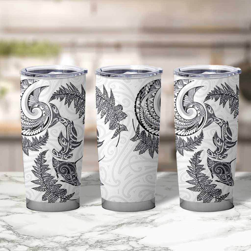 New Zealand Sea Animals with Maori Tribal Tattoo Tumbler Cup Shark Manta Ray with Silver Fern White LT03 - Polynesian Pride