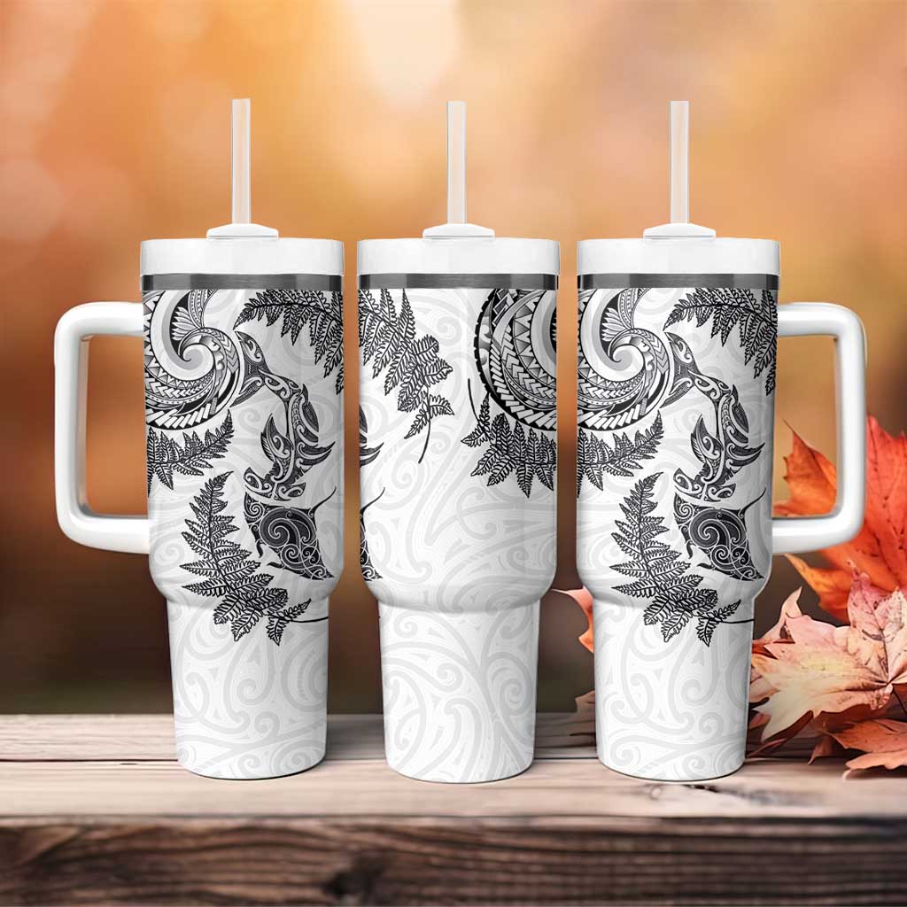 New Zealand Sea Animals with Maori Tribal Tattoo Tumbler With Handle Shark Manta Ray with Silver Fern White LT03 - Polynesian Pride