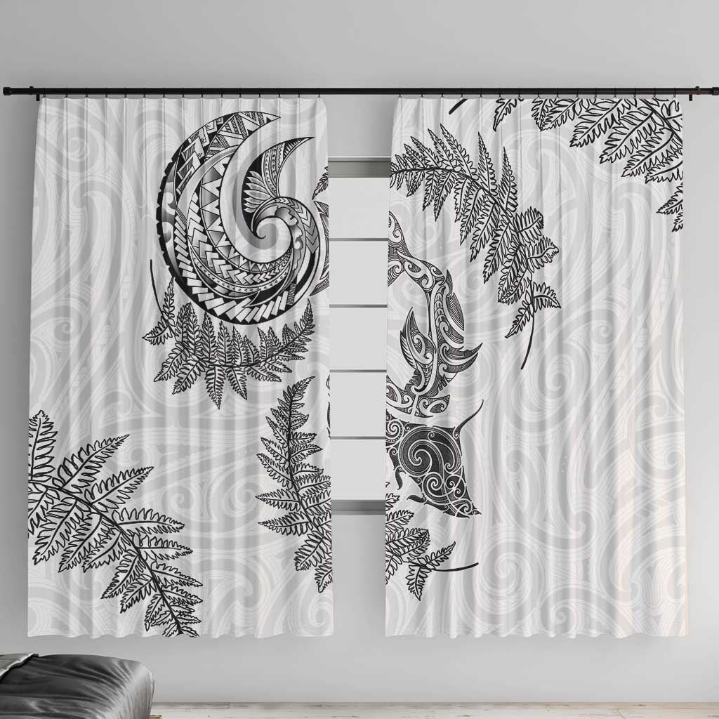 New Zealand Sea Animals with Maori Tribal Tattoo Window Curtain Shark Manta Ray with Silver Fern White LT03 With Hooks White - Polynesian Pride