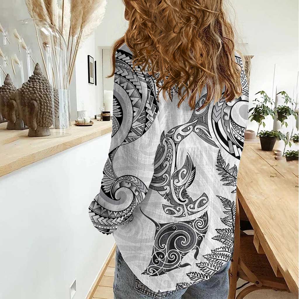 New Zealand Sea Animals with Maori Tribal Tattoo Women Casual Shirt Shark Manta Ray with Silver Fern White LT03 - Polynesian Pride