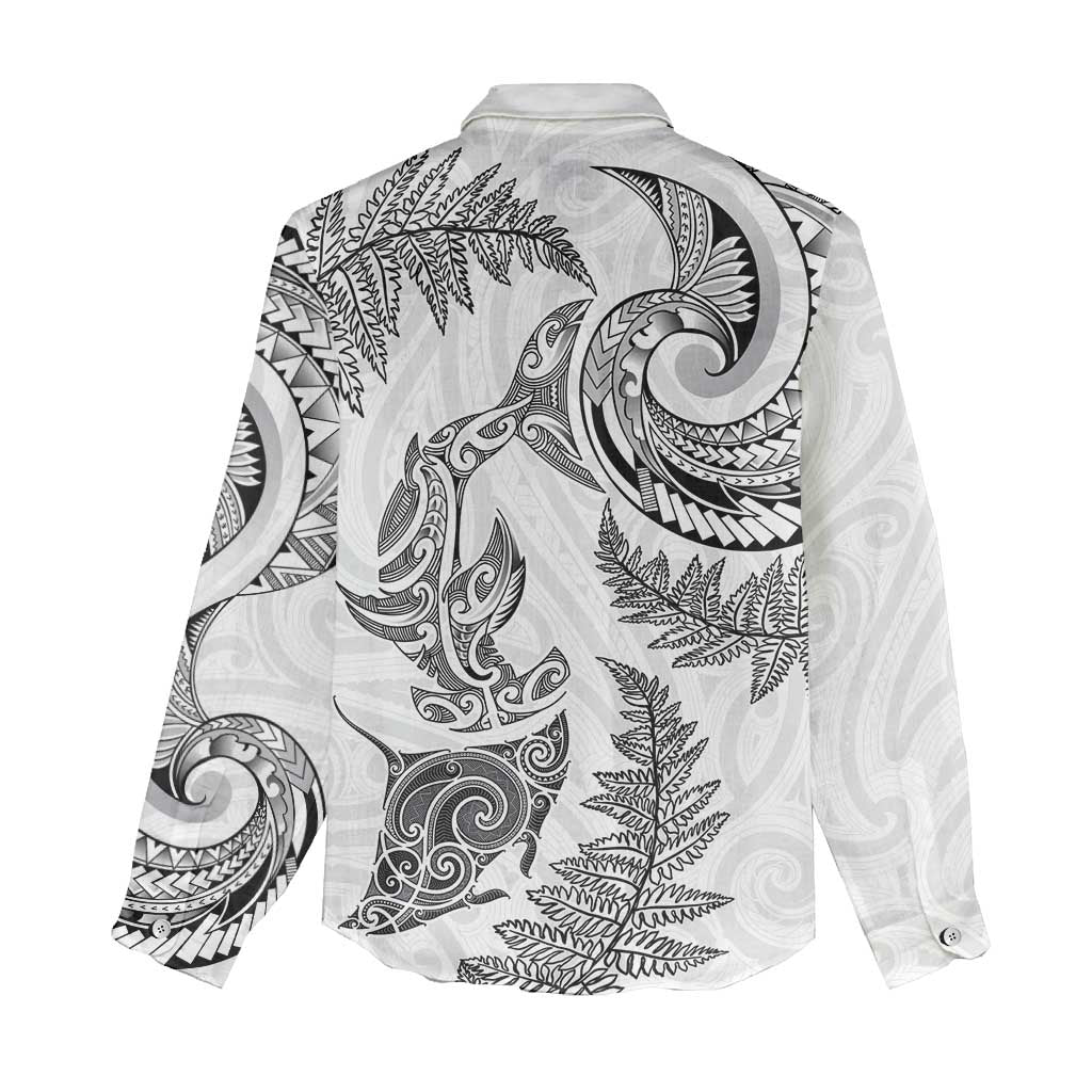 New Zealand Sea Animals with Maori Tribal Tattoo Women Casual Shirt Shark Manta Ray with Silver Fern White LT03 - Polynesian Pride