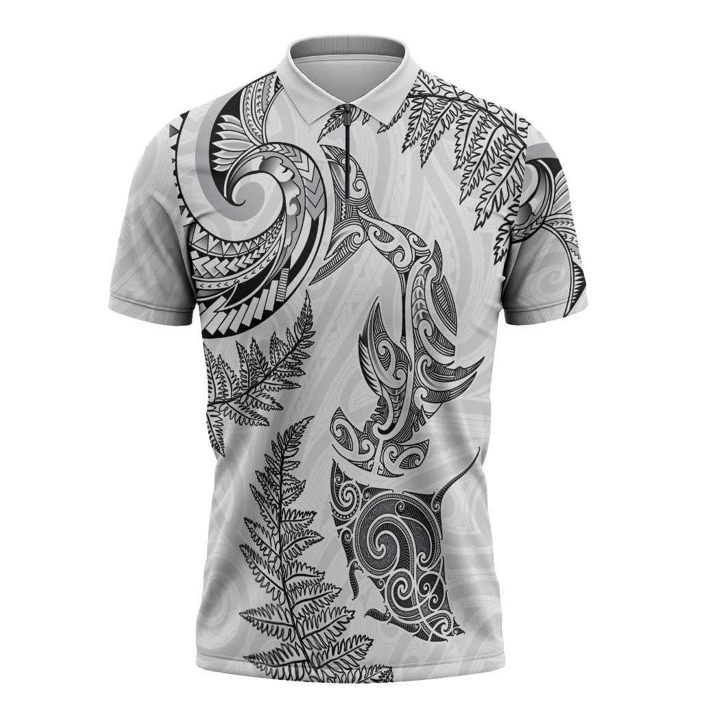 New Zealand Sea Animals with Maori Tribal Tattoo Zipper Polo Shirt Shark Manta Ray with Silver Fern White LT03 White - Polynesian Pride