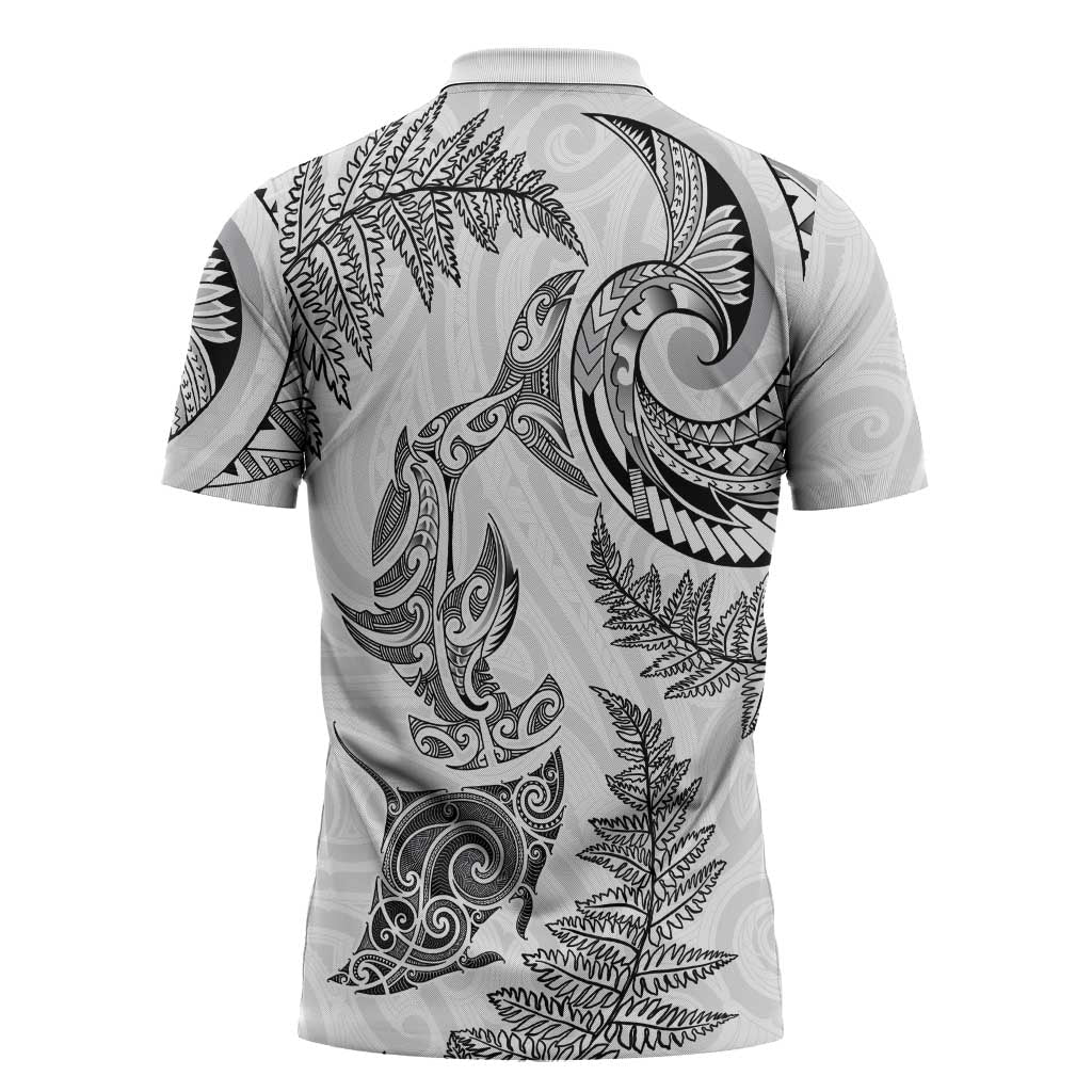 New Zealand Sea Animals with Maori Tribal Tattoo Zipper Polo Shirt Shark Manta Ray with Silver Fern White LT03 - Polynesian Pride