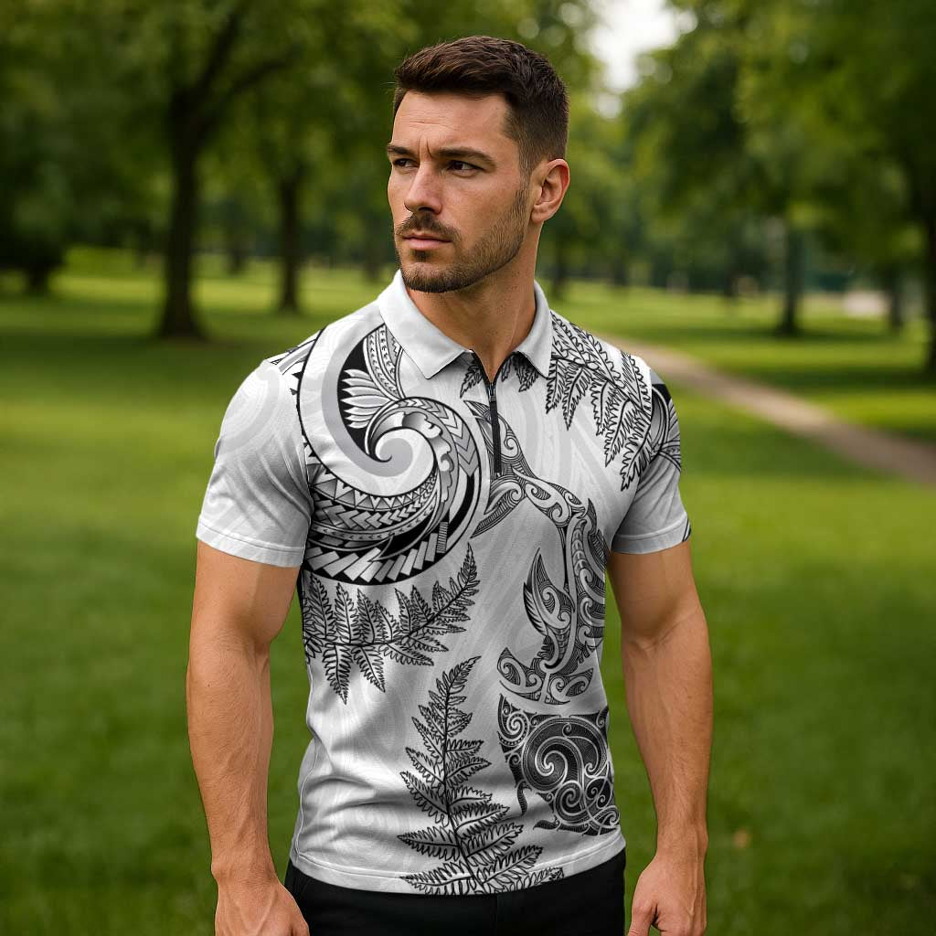 New Zealand Sea Animals with Maori Tribal Tattoo Zipper Polo Shirt Shark Manta Ray with Silver Fern White LT03 - Polynesian Pride