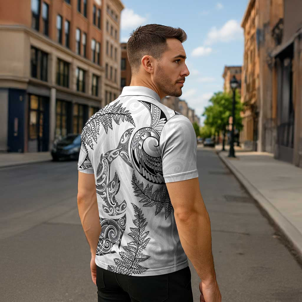 New Zealand Sea Animals with Maori Tribal Tattoo Zipper Polo Shirt Shark Manta Ray with Silver Fern White LT03 - Polynesian Pride