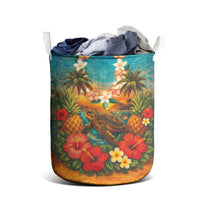 Hawaiian Turtles on Beach Laundry Basket with Pineapple Tropical Plant and Lei
