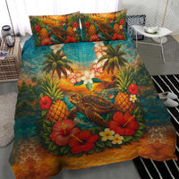Hawaiian Turtles on Beach Bedding Set with Pineapple Tropical Plant and Lei