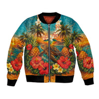 Hawaiian Turtles on Beach Bomber Jacket with Pineapple Tropical Plant and Lei
