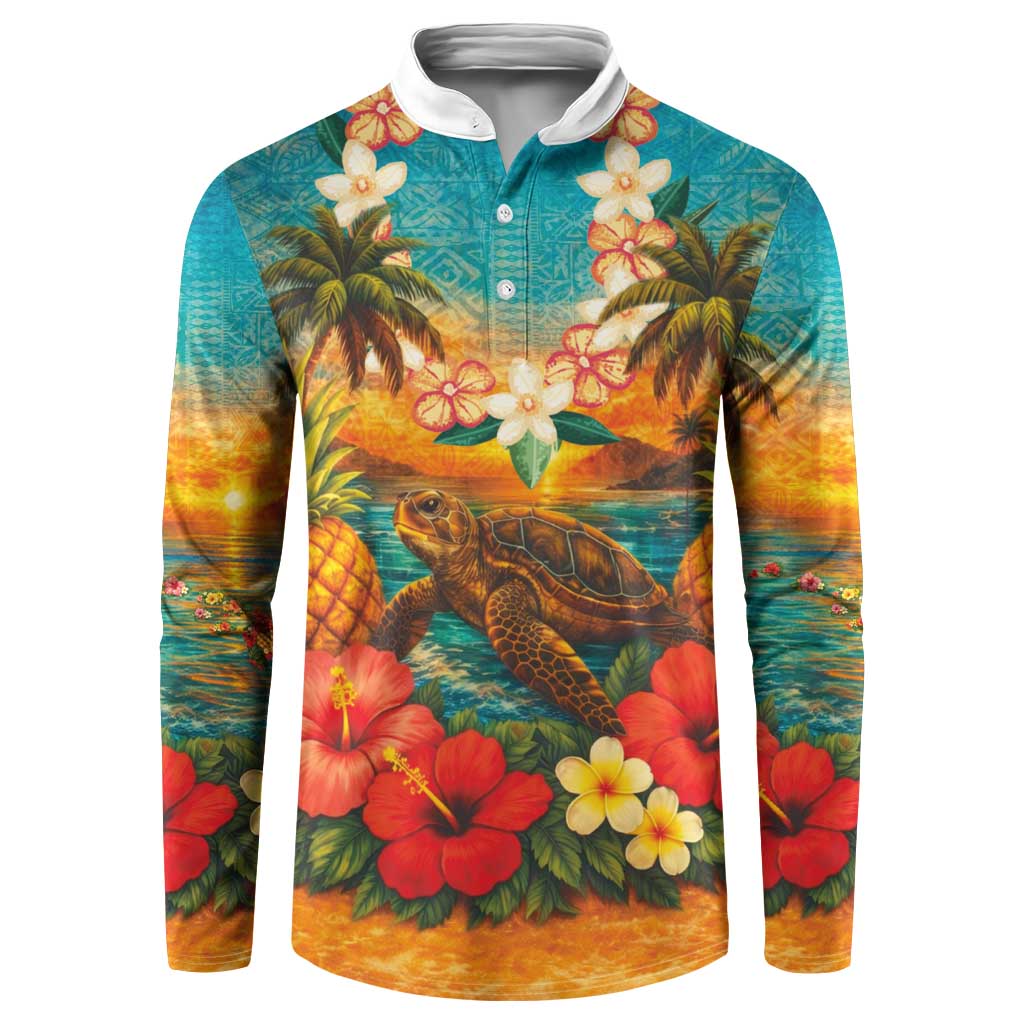 Hawaiian Turtles on Beach Button Sweatshirt with Pineapple Tropical Plant and Lei LT03 Multicolor - Polynesian Pride