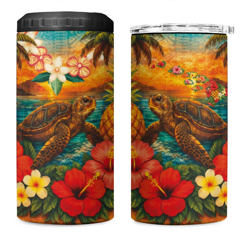 Hawaiian Turtles on Beach 4 in 1 Can Cooler Tumbler with Pineapple Tropical Plant and Lei