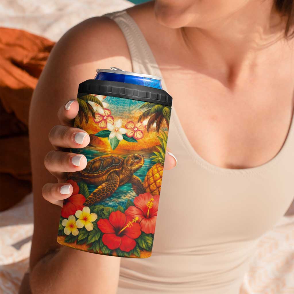 Hawaiian Turtles on Beach 4 in 1 Can Cooler Tumbler with Pineapple Tropical Plant and Lei