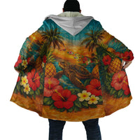 Hawaiian Turtles on Beach Cloak with Pineapple Tropical Plant and Lei
