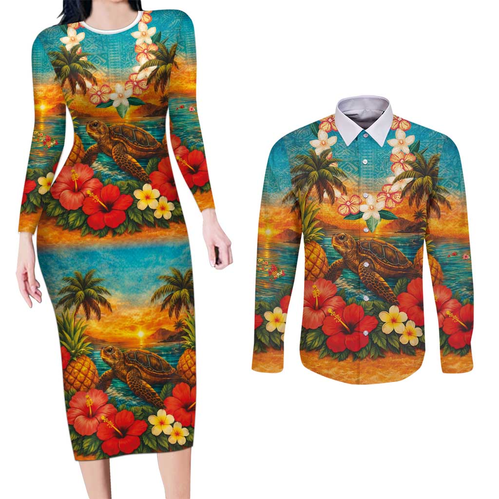 Hawaiian Turtles on Beach Couples Matching Long Sleeve Bodycon Dress and Long Sleeve Button Shirt with Pineapple Tropical Plant and Lei LT03 Multicolor - Polynesian Pride
