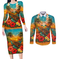 Hawaiian Turtles on Beach Couples Matching Long Sleeve Bodycon Dress and Long Sleeve Button Shirt with Pineapple Tropical Plant and Lei LT03 Multicolor - Polynesian Pride