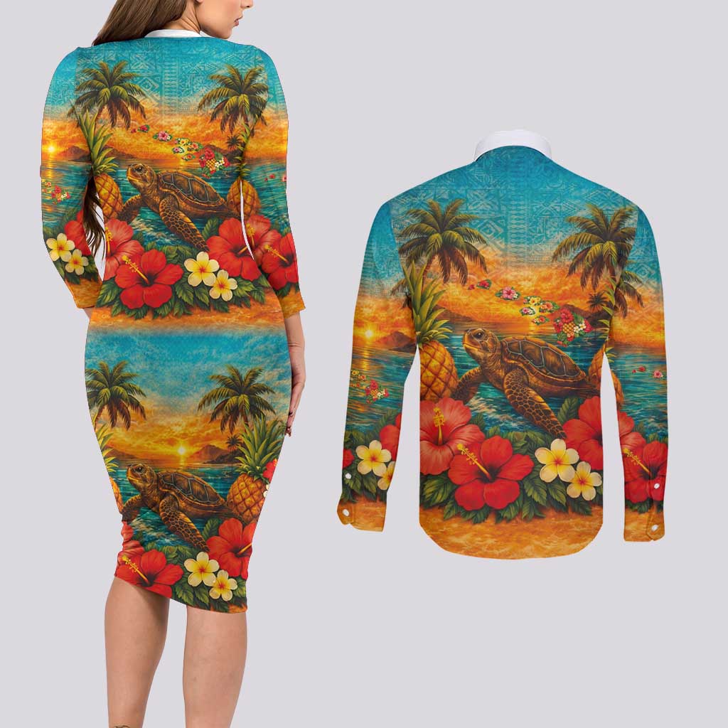 Hawaiian Turtles on Beach Couples Matching Long Sleeve Bodycon Dress and Long Sleeve Button Shirt with Pineapple Tropical Plant and Lei LT03 - Polynesian Pride