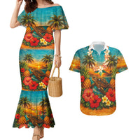 Hawaiian Turtles on Beach Couples Matching Mermaid Dress and Hawaiian Shirt with Pineapple Tropical Plant and Lei LT03 Multicolor - Polynesian Pride