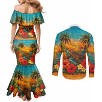 Hawaiian Turtles on Beach Couples Matching Mermaid Dress and Long Sleeve Button Shirt with Pineapple Tropical Plant and Lei LT03 - Polynesian Pride