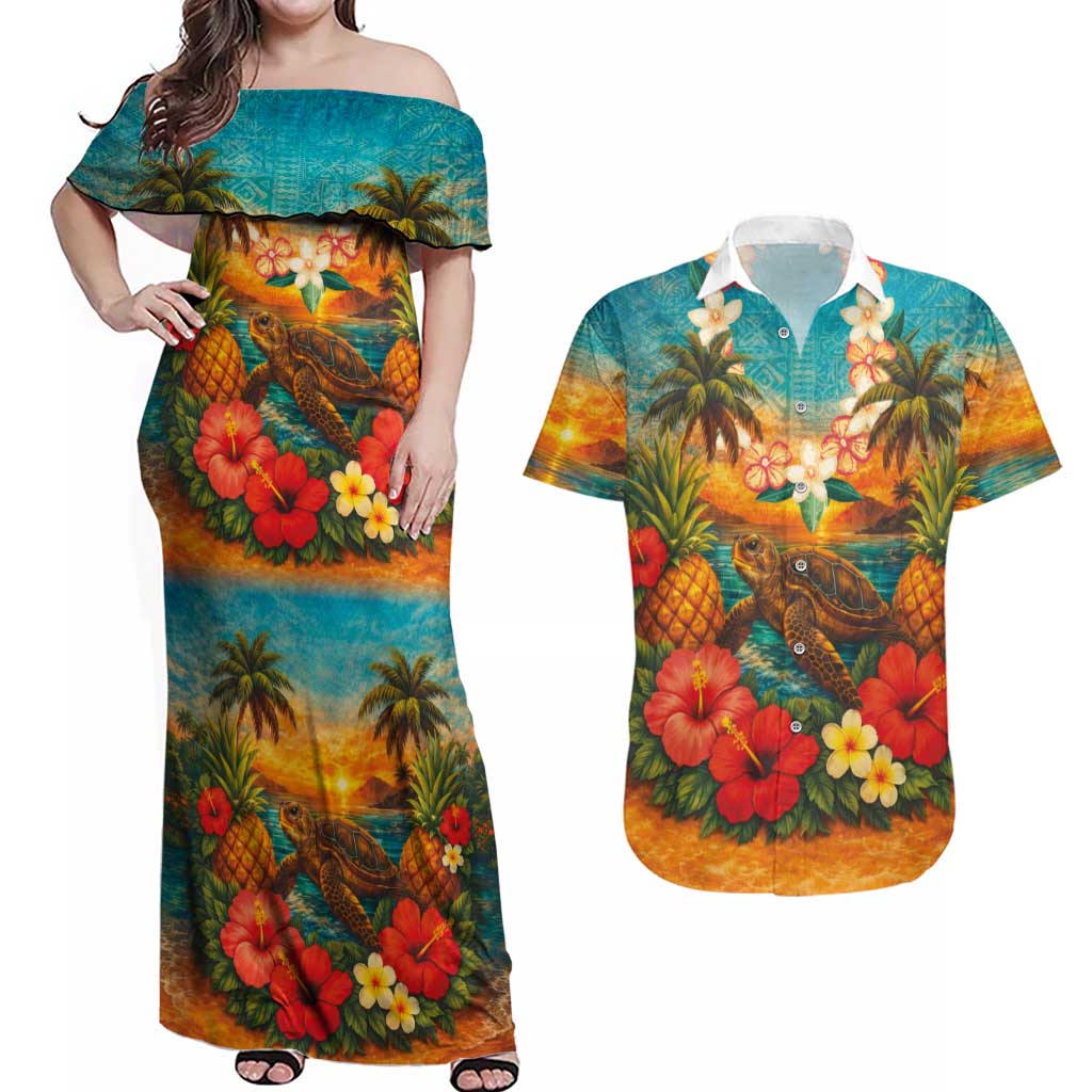 Hawaiian Turtles on Beach Couples Matching Off Shoulder Maxi Dress and Hawaiian Shirt with Pineapple Tropical Plant and Lei LT03 Multicolor - Polynesian Pride