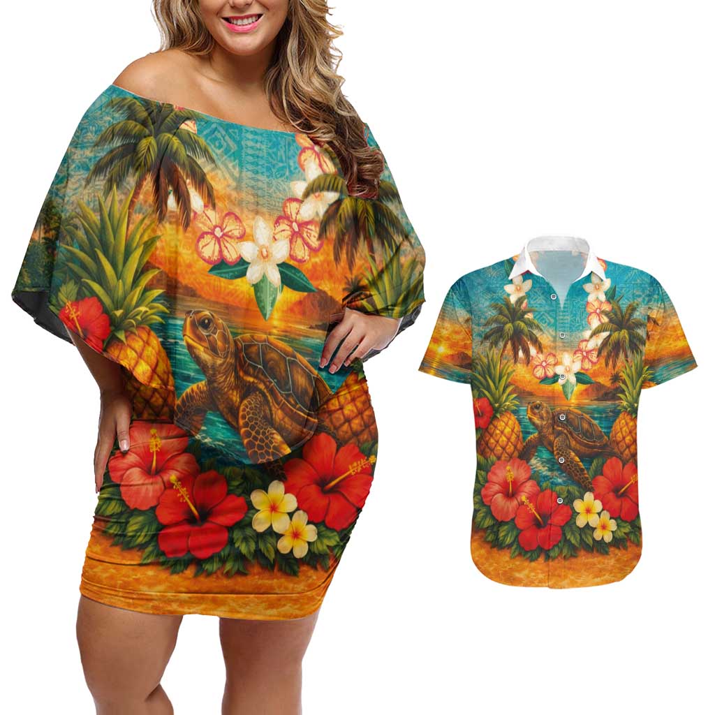 Hawaiian Turtles on Beach Couples Matching Off Shoulder Short Dress and Hawaiian Shirt with Pineapple Tropical Plant and Lei LT03 Multicolor - Polynesian Pride