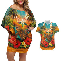Hawaiian Turtles on Beach Couples Matching Off Shoulder Short Dress and Hawaiian Shirt with Pineapple Tropical Plant and Lei LT03 Multicolor - Polynesian Pride