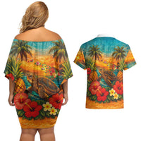 Hawaiian Turtles on Beach Couples Matching Off Shoulder Short Dress and Hawaiian Shirt with Pineapple Tropical Plant and Lei LT03 - Polynesian Pride