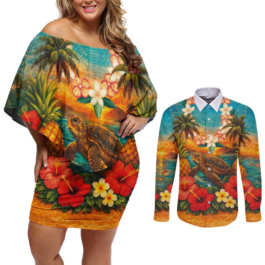Hawaiian Turtles on Beach Couples Matching Off Shoulder Short Dress and Long Sleeve Button Shirt with Pineapple Tropical Plant and Lei