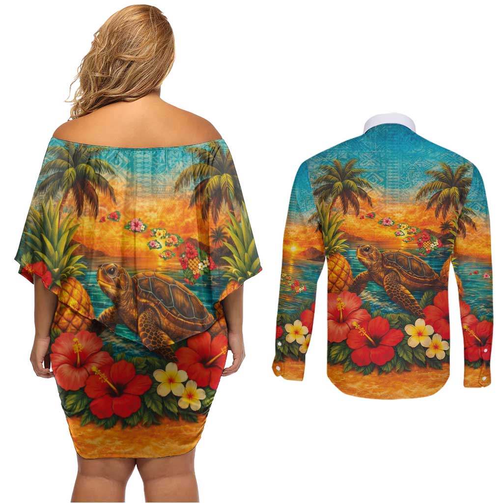 Hawaiian Turtles on Beach Couples Matching Off Shoulder Short Dress and Long Sleeve Button Shirt with Pineapple Tropical Plant and Lei LT03 - Polynesian Pride