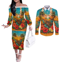 Hawaiian Turtles on Beach Couples Matching Off The Shoulder Long Sleeve Dress and Long Sleeve Button Shirt with Pineapple Tropical Plant and Lei LT03 Multicolor - Polynesian Pride