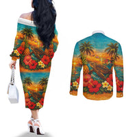 Hawaiian Turtles on Beach Couples Matching Off The Shoulder Long Sleeve Dress and Long Sleeve Button Shirt with Pineapple Tropical Plant and Lei LT03 - Polynesian Pride