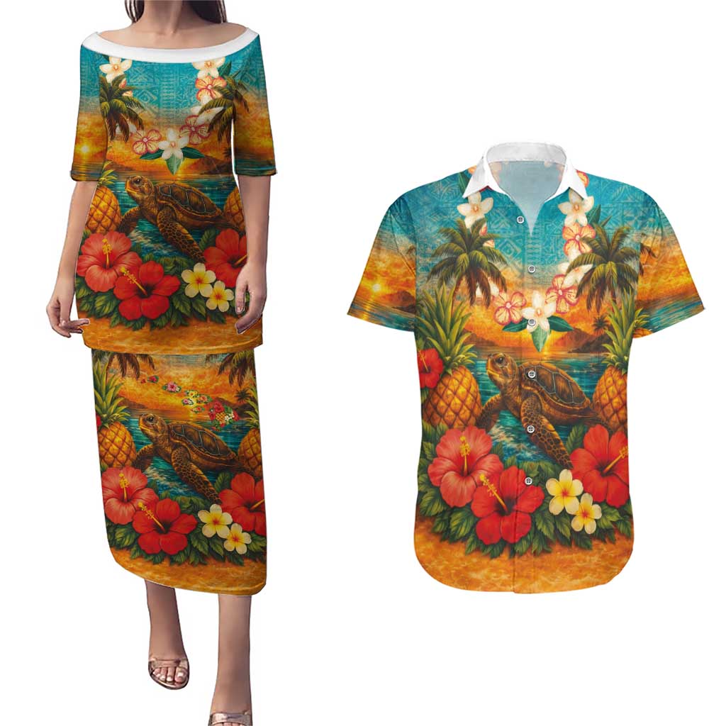Hawaiian Turtles on Beach Couples Matching Puletasi and Hawaiian Shirt with Pineapple Tropical Plant and Lei LT03 Multicolor - Polynesian Pride